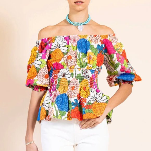 BEST NEW Cara Cara Heidi Tank Top Happy Garden Floral Multi Cotton Off Shoulder
